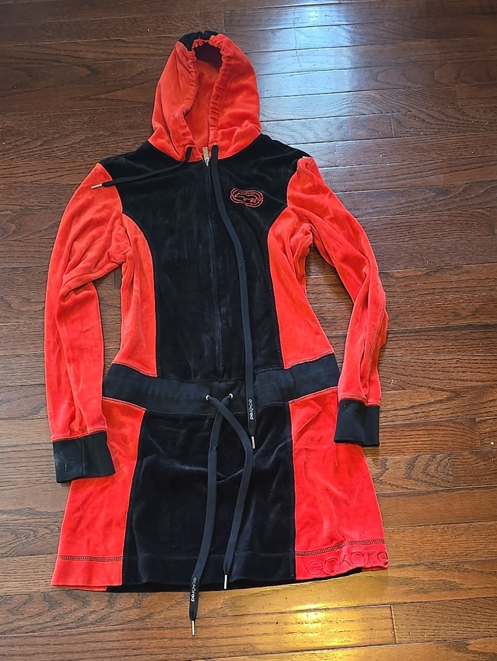 Vintage Y2K Ecko Red Velour Colorblock Hoodie Dress Red Black Embroidered M